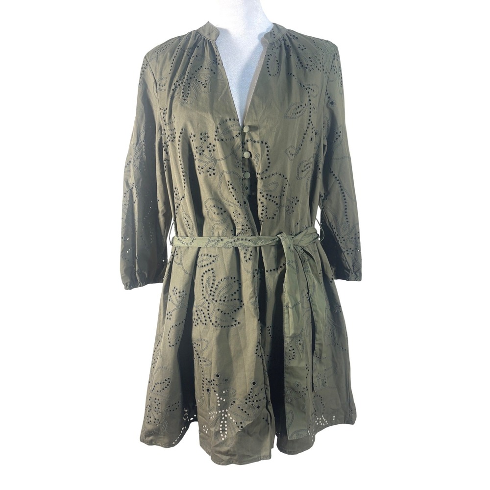 Zara Womens Olive‎ Green Eyelet Embroidered Cotton Mini Dress Tie Waist New S